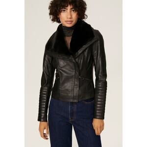 SLATE & WILLOW Black 100% Lambskin Leather Faux Fur Lapel Leather Jacket sz L